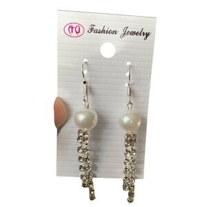 Pearl‎ Rhinestone Dangle Earrings Fashion Jewelry Silver Tone Drop